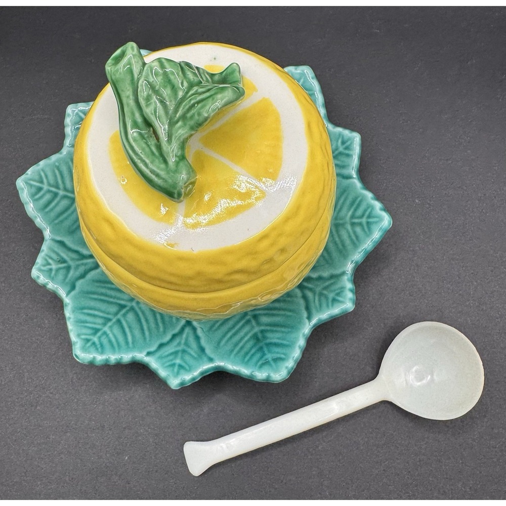 Vintage Japan Majolica Lemon Jam Marmalade Jar Spoon Leaf Condiment Set Plate